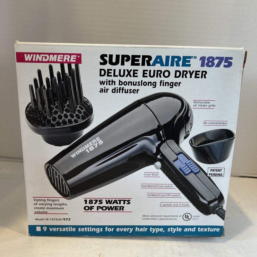 NEW -Vintage Windmere superaire Hair Dryer 1875 W w/ Box Manual Tested Working
